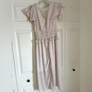 Floral midi dress with flutter sleeve and rouching at waist